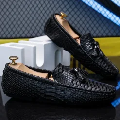 Men's Blue Faux Snakeskin Loafers with Tassels – Stylish Slip-On Dress Shoes for Formal and Casual Occasions