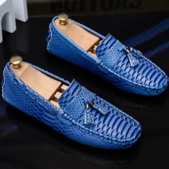 Men's Blue Faux Snakeskin Loafers with Tassels – Stylish Slip-On Dress Shoes for Formal and Casual Occasions