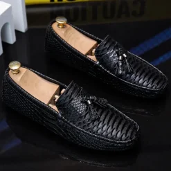 Men's Blue Faux Snakeskin Loafers with Tassels – Stylish Slip-On Dress Shoes for Formal and Casual Occasions