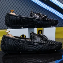 Men's Blue Faux Snakeskin Loafers with Tassels – Stylish Slip-On Dress Shoes for Formal and Casual Occasions