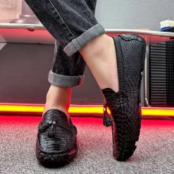 Men's Blue Faux Snakeskin Loafers with Tassels – Stylish Slip-On Dress Shoes for Formal and Casual Occasions