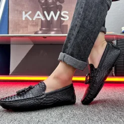 Men's Blue Faux Snakeskin Loafers with Tassels – Stylish Slip-On Dress Shoes for Formal and Casual Occasions