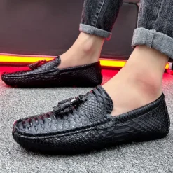 Men's Blue Faux Snakeskin Loafers with Tassels – Stylish Slip-On Dress Shoes for Formal and Casual Occasions