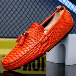 Men's Blue Faux Snakeskin Loafers with Tassels – Stylish Slip-On Dress Shoes for Formal and Casual Occasions