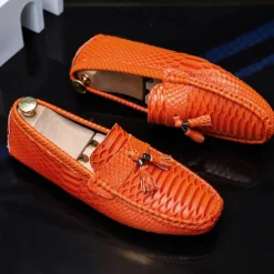 Men's Blue Faux Snakeskin Loafers with Tassels – Stylish Slip-On Dress Shoes for Formal and Casual Occasions