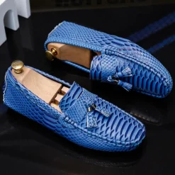 Men's Blue Faux Snakeskin Loafers with Tassels – Stylish Slip-On Dress Shoes for Formal and Casual Occasions