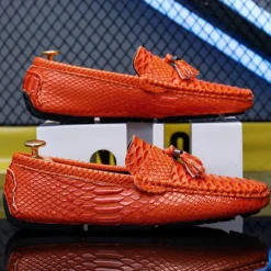 Men's Blue Faux Snakeskin Loafers with Tassels – Stylish Slip-On Dress Shoes for Formal and Casual Occasions