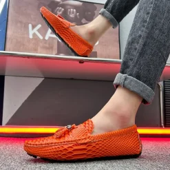 Men's Blue Faux Snakeskin Loafers with Tassels – Stylish Slip-On Dress Shoes for Formal and Casual Occasions