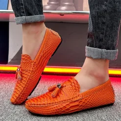 Men's Blue Faux Snakeskin Loafers with Tassels – Stylish Slip-On Dress Shoes for Formal and Casual Occasions