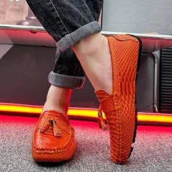 Men's Blue Faux Snakeskin Loafers with Tassels – Stylish Slip-On Dress Shoes for Formal and Casual Occasions