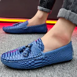 Men's Blue Faux Snakeskin Loafers with Tassels – Stylish Slip-On Dress Shoes for Formal and Casual Occasions