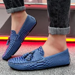 Men's Blue Faux Snakeskin Loafers with Tassels – Stylish Slip-On Dress Shoes for Formal and Casual Occasions