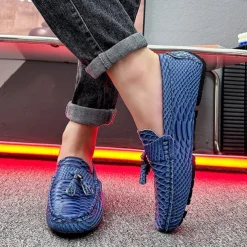 Men's Blue Faux Snakeskin Loafers with Tassels – Stylish Slip-On Dress Shoes for Formal and Casual Occasions
