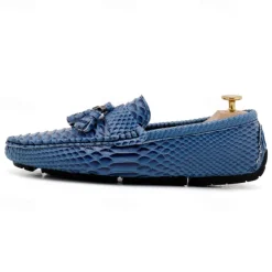Men's Blue Faux Snakeskin Loafers with Tassels – Stylish Slip-On Dress Shoes for Formal and Casual Occasions