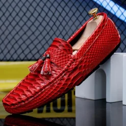 Men's Blue Faux Snakeskin Loafers with Tassels – Stylish Slip-On Dress Shoes for Formal and Casual Occasions