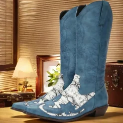 Men's Blue Faux Suede Cowboy Boots with White Snakeskin Accents and Embroidered Design - Western-Style Boots for Rodeo and Outdoor Wear
