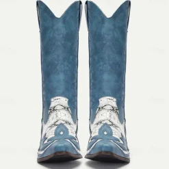 Men's Blue Faux Suede Cowboy Boots with White Snakeskin Accents and Embroidered Design - Western-Style Boots for Rodeo and Outdoor Wear