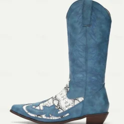 Men's Blue Faux Suede Cowboy Boots with White Snakeskin Accents and Embroidered Design - Western-Style Boots for Rodeo and Outdoor Wear