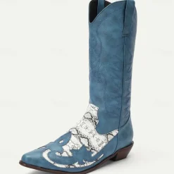 Men's Blue Faux Suede Cowboy Boots with White Snakeskin Accents and Embroidered Design - Western-Style Boots for Rodeo and Outdoor Wear