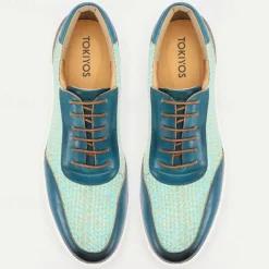 Men's Blue Leather Sneakers with Woven Pattern - Stylish and Comfortable Lace-Up Casual Shoes for Everyday Wear