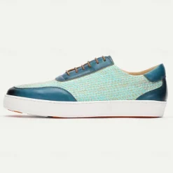 Men's Blue Leather Sneakers with Woven Pattern - Stylish and Comfortable Lace-Up Casual Shoes for Everyday Wear