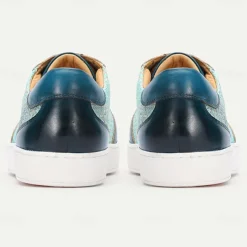 Men's Blue Leather Sneakers with Woven Pattern - Stylish and Comfortable Lace-Up Casual Shoes for Everyday Wear