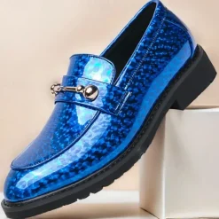 Men's Blue Metallic Faux Leather Loafers with Decorative Gold Chain – Trendy Slip-On Shoes for Formal and Party Occasions