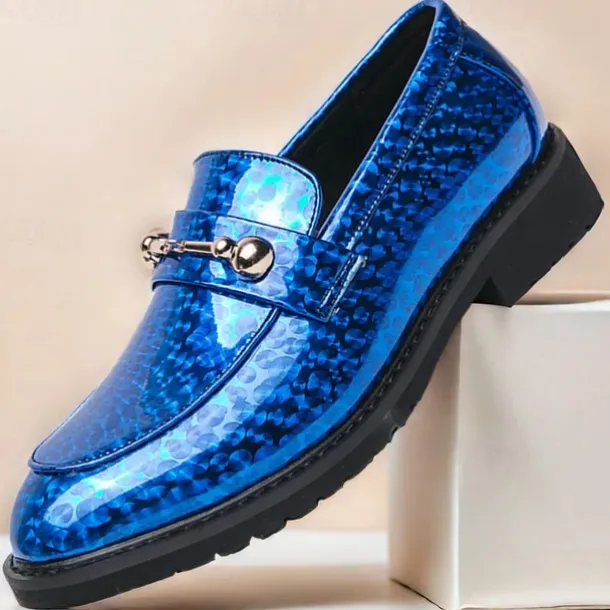 Men's Blue Metallic Faux Leather Loafers with Decorative Gold Chain – Trendy Slip-On Shoes for Formal and Party Occasions