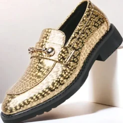 Men's Blue Metallic Faux Leather Loafers with Decorative Gold Chain – Trendy Slip-On Shoes for Formal and Party Occasions