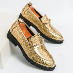 Men's Blue Metallic Faux Leather Loafers with Decorative Gold Chain – Trendy Slip-On Shoes for Formal and Party Occasions