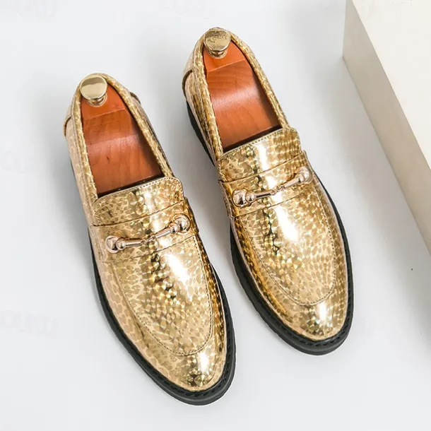 Men's Blue Metallic Faux Leather Loafers with Decorative Gold Chain – Trendy Slip-On Shoes for Formal and Party Occasions