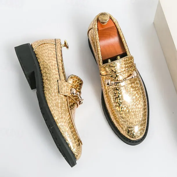 Men's Blue Metallic Faux Leather Loafers with Decorative Gold Chain – Trendy Slip-On Shoes for Formal and Party Occasions