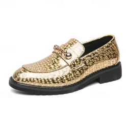 Men's Blue Metallic Faux Leather Loafers with Decorative Gold Chain – Trendy Slip-On Shoes for Formal and Party Occasions