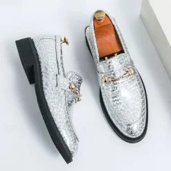 Men's Blue Metallic Faux Leather Loafers with Decorative Gold Chain – Trendy Slip-On Shoes for Formal and Party Occasions