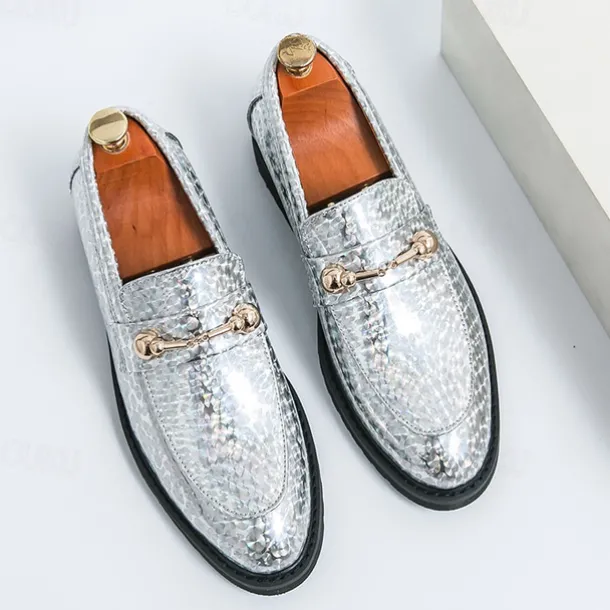 Men's Blue Metallic Faux Leather Loafers with Decorative Gold Chain – Trendy Slip-On Shoes for Formal and Party Occasions