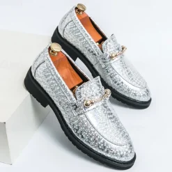 Men's Blue Metallic Faux Leather Loafers with Decorative Gold Chain – Trendy Slip-On Shoes for Formal and Party Occasions