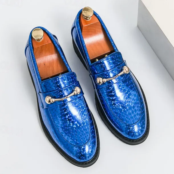 Men's Blue Metallic Faux Leather Loafers with Decorative Gold Chain – Trendy Slip-On Shoes for Formal and Party Occasions