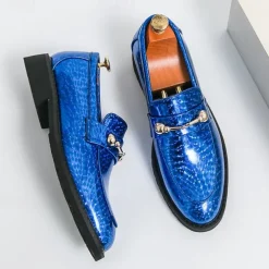 Men's Blue Metallic Faux Leather Loafers with Decorative Gold Chain – Trendy Slip-On Shoes for Formal and Party Occasions