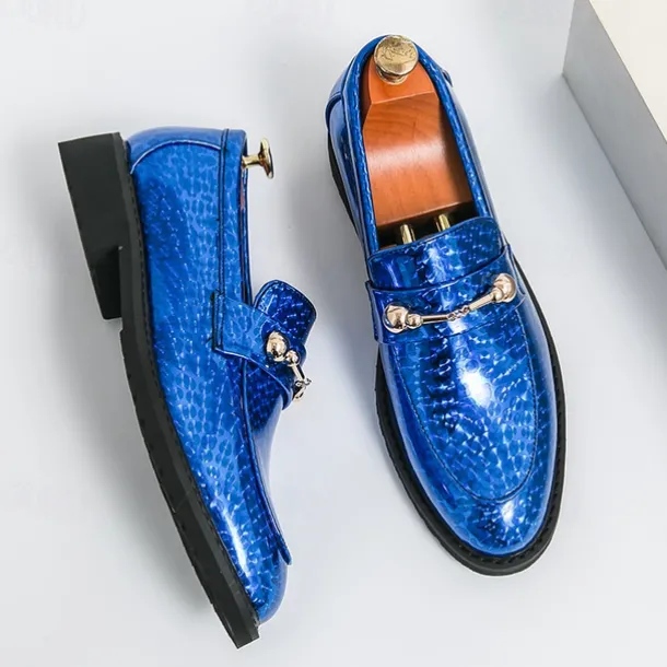 Men's Blue Metallic Faux Leather Loafers with Decorative Gold Chain – Trendy Slip-On Shoes for Formal and Party Occasions