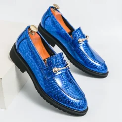 Men's Blue Metallic Faux Leather Loafers with Decorative Gold Chain – Trendy Slip-On Shoes for Formal and Party Occasions