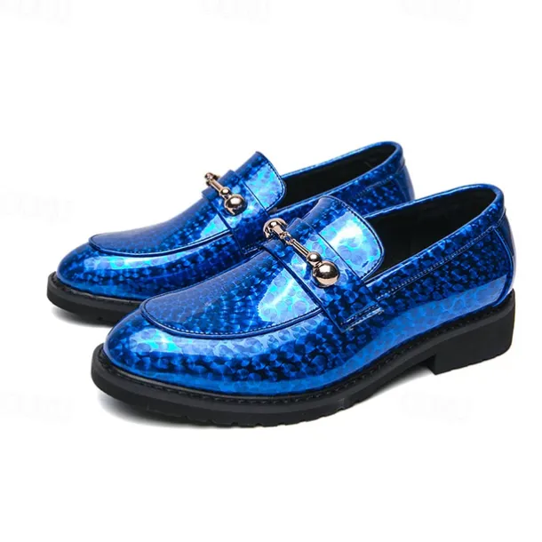 Men's Blue Metallic Faux Leather Loafers with Decorative Gold Chain – Trendy Slip-On Shoes for Formal and Party Occasions