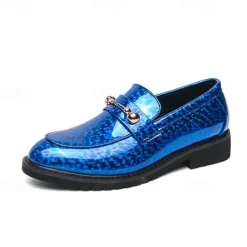 Men's Blue Metallic Faux Leather Loafers with Decorative Gold Chain – Trendy Slip-On Shoes for Formal and Party Occasions