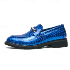 Men's Blue Metallic Faux Leather Loafers with Decorative Gold Chain – Trendy Slip-On Shoes for Formal and Party Occasions