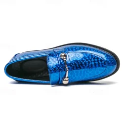 Men's Blue Metallic Faux Leather Loafers with Decorative Gold Chain – Trendy Slip-On Shoes for Formal and Party Occasions