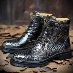 Men's Blue Python-Print Patent Leather Ankle Boots with Lace-Up Design - Bold High-Shine Boots for Fashion-Forward Casual and Night Out Looks