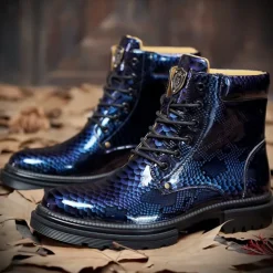 Men's Blue Python-Print Patent Leather Ankle Boots with Lace-Up Design - Bold High-Shine Boots for Fashion-Forward Casual and Night Out Looks
