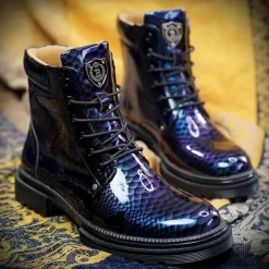Men's Blue Python-Print Patent Leather Ankle Boots with Lace-Up Design - Bold High-Shine Boots for Fashion-Forward Casual and Night Out Looks