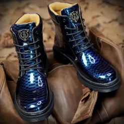 Men's Blue Python-Print Patent Leather Ankle Boots with Lace-Up Design - Bold High-Shine Boots for Fashion-Forward Casual and Night Out Looks