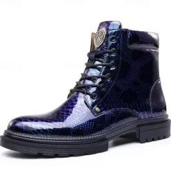 Men's Blue Python-Print Patent Leather Ankle Boots with Lace-Up Design - Bold High-Shine Boots for Fashion-Forward Casual and Night Out Looks