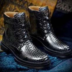 Men's Blue Python-Print Patent Leather Ankle Boots with Lace-Up Design - Bold High-Shine Boots for Fashion-Forward Casual and Night Out Looks